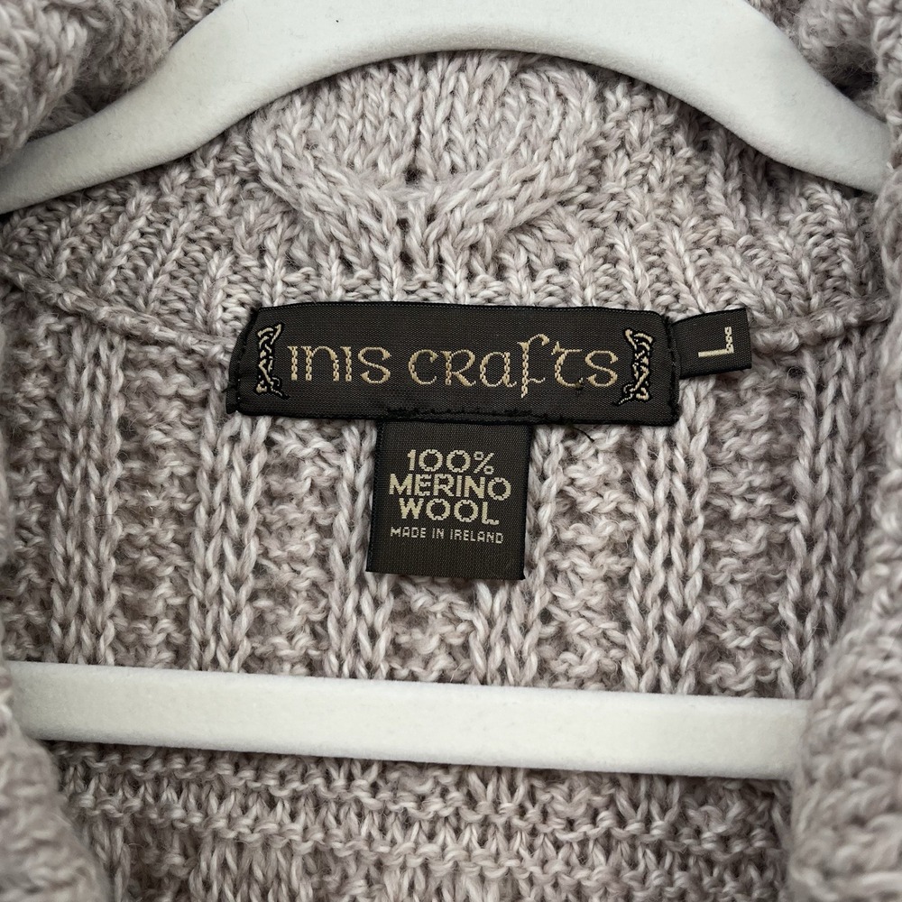 inis crafts merino 100% wool Sweater L Tan Long Full Zip Cable Knit Ireland Boho - Picture 3 of 12